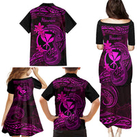 Hawaii Family Matching Puletasi Dress and Hawaiian Shirt Fish Hook Tattoo Mix Polynesian Plumeria Pink Version - Wonder Print Shop