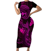 Hawaii Family Matching Short Sleeve Bodycon Dress and Hawaiian Shirt Fish Hook Tattoo Mix Polynesian Plumeria Pink Version - Wonder Print Shop