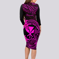 Hawaii Long Sleeve Bodycon Dress Fish Hook Tattoo Mix Polynesian Plumeria Pink Version - Wonder Print Shop