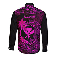 Hawaii Long Sleeve Button Shirt Fish Hook Tattoo Mix Polynesian Plumeria Pink Version - Wonder Print Shop