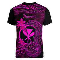 Hawaii Women V Neck T Shirt Fish Hook Tattoo Mix Polynesian Plumeria Pink Version - Wonder Print Shop