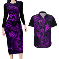 Hawaii Couples Matching Long Sleeve Bodycon Dress and Hawaiian Shirt Fish Hook Tattoo Mix Polynesian Plumeria Purple Version - Wonder Print Shop