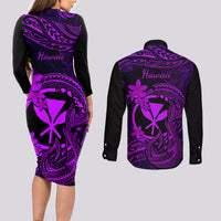 Hawaii Couples Matching Long Sleeve Bodycon Dress and Long Sleeve Button Shirts Fish Hook Tattoo Mix Polynesian Plumeria Purple Version - Wonder Print Shop