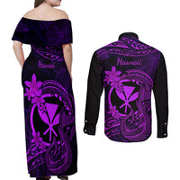Hawaii Couples Matching Off Shoulder Maxi Dress and Long Sleeve Button Shirts Fish Hook Tattoo Mix Polynesian Plumeria Purple Version - Wonder Print Shop