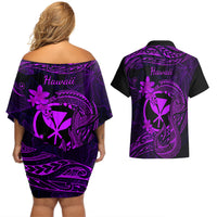 Hawaii Couples Matching Off Shoulder Short Dress and Hawaiian Shirt Fish Hook Tattoo Mix Polynesian Plumeria Purple Version - Wonder Print Shop