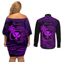 Hawaii Couples Matching Off Shoulder Short Dress and Long Sleeve Button Shirts Fish Hook Tattoo Mix Polynesian Plumeria Purple Version - Wonder Print Shop