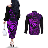 hawaii-couples-matching-off-the-shoulder-long-sleeve-dress-and-long-sleeve-button-shirts-fish-hook-tattoo-mix-polynesian-plumeria-purple-version