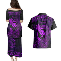 Hawaii Couples Matching Puletasi Dress and Hawaiian Shirt Fish Hook Tattoo Mix Polynesian Plumeria Purple Version - Wonder Print Shop