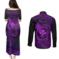 Hawaii Couples Matching Puletasi Dress and Long Sleeve Button Shirts Fish Hook Tattoo Mix Polynesian Plumeria Purple Version - Wonder Print Shop