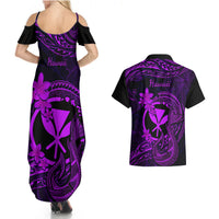 Hawaii Couples Matching Summer Maxi Dress and Hawaiian Shirt Fish Hook Tattoo Mix Polynesian Plumeria Purple Version - Wonder Print Shop
