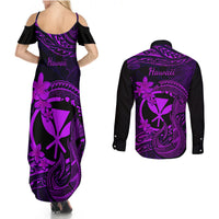 Hawaii Couples Matching Summer Maxi Dress and Long Sleeve Button Shirts Fish Hook Tattoo Mix Polynesian Plumeria Purple Version - Wonder Print Shop