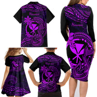 Hawaii Family Matching Long Sleeve Bodycon Dress and Hawaiian Shirt Fish Hook Tattoo Mix Polynesian Plumeria Purple Version - Wonder Print Shop