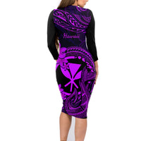 Hawaii Family Matching Long Sleeve Bodycon Dress and Hawaiian Shirt Fish Hook Tattoo Mix Polynesian Plumeria Purple Version - Wonder Print Shop