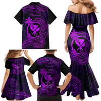 Hawaii Family Matching Mermaid Dress and Hawaiian Shirt Fish Hook Tattoo Mix Polynesian Plumeria Purple Version - Wonder Print Shop