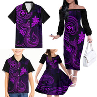 Hawaii Family Matching Off Shoulder Long Sleeve Dress and Hawaiian Shirt Fish Hook Tattoo Mix Polynesian Plumeria Purple Version - Wonder Print Shop