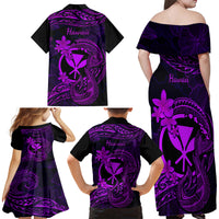 Hawaii Family Matching Off Shoulder Maxi Dress and Hawaiian Shirt Fish Hook Tattoo Mix Polynesian Plumeria Purple Version - Wonder Print Shop