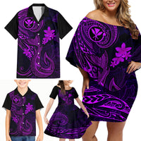 Hawaii Family Matching Off Shoulder Short Dress and Hawaiian Shirt Fish Hook Tattoo Mix Polynesian Plumeria Purple Version - Wonder Print Shop