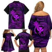Hawaii Family Matching Off Shoulder Short Dress and Hawaiian Shirt Fish Hook Tattoo Mix Polynesian Plumeria Purple Version - Wonder Print Shop