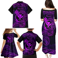 Hawaii Family Matching Puletasi Dress and Hawaiian Shirt Fish Hook Tattoo Mix Polynesian Plumeria Purple Version - Wonder Print Shop