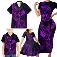 Hawaii Family Matching Short Sleeve Bodycon Dress and Hawaiian Shirt Fish Hook Tattoo Mix Polynesian Plumeria Purple Version - Wonder Print Shop