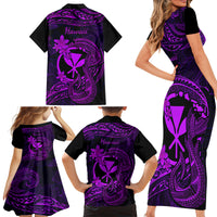 Hawaii Family Matching Short Sleeve Bodycon Dress and Hawaiian Shirt Fish Hook Tattoo Mix Polynesian Plumeria Purple Version - Wonder Print Shop