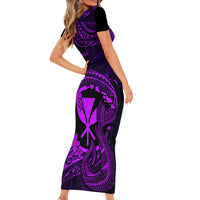 Hawaii Family Matching Short Sleeve Bodycon Dress and Hawaiian Shirt Fish Hook Tattoo Mix Polynesian Plumeria Purple Version - Wonder Print Shop