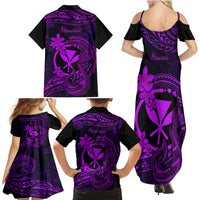 Hawaii Family Matching Summer Maxi Dress and Hawaiian Shirt Fish Hook Tattoo Mix Polynesian Plumeria Purple Version - Wonder Print Shop