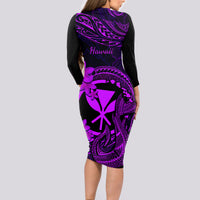 Hawaii Long Sleeve Bodycon Dress Fish Hook Tattoo Mix Polynesian Plumeria Purple Version - Wonder Print Shop
