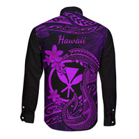 Hawaii Long Sleeve Button Shirt Fish Hook Tattoo Mix Polynesian Plumeria Purple Version - Wonder Print Shop