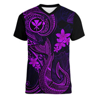 Hawaii Women V Neck T Shirt Fish Hook Tattoo Mix Polynesian Plumeria Purple Version - Wonder Print Shop