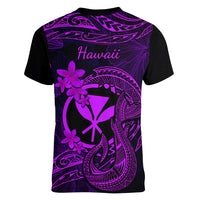 Hawaii Women V Neck T Shirt Fish Hook Tattoo Mix Polynesian Plumeria Purple Version - Wonder Print Shop