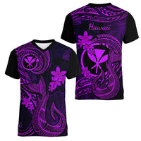 Hawaii Women V Neck T Shirt Fish Hook Tattoo Mix Polynesian Plumeria Purple Version - Wonder Print Shop