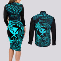 Hawaii Couples Matching Long Sleeve Bodycon Dress and Long Sleeve Button Shirts Fish Hook Tattoo Mix Polynesian Plumeria Turquoise Version - Wonder Print Shop