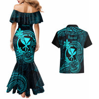 Hawaii Couples Matching Mermaid Dress and Hawaiian Shirt Fish Hook Tattoo Mix Polynesian Plumeria Turquoise Version - Wonder Print Shop