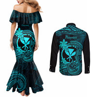 hawaii-couples-matching-mermaid-dress-and-long-sleeve-button-shirts-fish-hook-tattoo-mix-polynesian-plumeria-turquoise-version