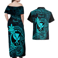 Hawaii Couples Matching Off Shoulder Maxi Dress and Hawaiian Shirt Fish Hook Tattoo Mix Polynesian Plumeria Turquoise Version - Wonder Print Shop