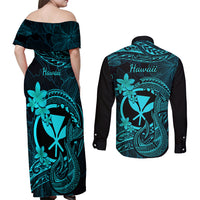 Hawaii Couples Matching Off Shoulder Maxi Dress and Long Sleeve Button Shirts Fish Hook Tattoo Mix Polynesian Plumeria Turquoise Version - Wonder Print Shop