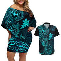 Hawaii Couples Matching Off Shoulder Short Dress and Hawaiian Shirt Fish Hook Tattoo Mix Polynesian Plumeria Turquoise Version - Wonder Print Shop