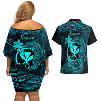 Hawaii Couples Matching Off Shoulder Short Dress and Hawaiian Shirt Fish Hook Tattoo Mix Polynesian Plumeria Turquoise Version - Wonder Print Shop
