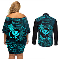 Hawaii Couples Matching Off Shoulder Short Dress and Long Sleeve Button Shirts Fish Hook Tattoo Mix Polynesian Plumeria Turquoise Version - Wonder Print Shop
