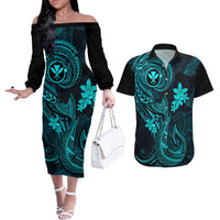 Hawaii Couples Matching Off The Shoulder Long Sleeve Dress and Hawaiian Shirt Fish Hook Tattoo Mix Polynesian Plumeria Turquoise Version - Wonder Print Shop