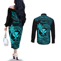 hawaii-couples-matching-off-the-shoulder-long-sleeve-dress-and-long-sleeve-button-shirts-fish-hook-tattoo-mix-polynesian-plumeria-turquoise-version