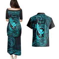 Hawaii Couples Matching Puletasi Dress and Hawaiian Shirt Fish Hook Tattoo Mix Polynesian Plumeria Turquoise Version - Wonder Print Shop