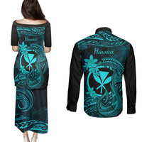 Hawaii Couples Matching Puletasi Dress and Long Sleeve Button Shirts Fish Hook Tattoo Mix Polynesian Plumeria Turquoise Version - Wonder Print Shop