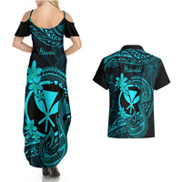 Hawaii Couples Matching Summer Maxi Dress and Hawaiian Shirt Fish Hook Tattoo Mix Polynesian Plumeria Turquoise Version - Wonder Print Shop