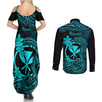 Hawaii Couples Matching Summer Maxi Dress and Long Sleeve Button Shirts Fish Hook Tattoo Mix Polynesian Plumeria Turquoise Version - Wonder Print Shop