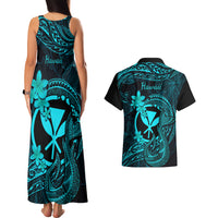 Hawaii Couples Matching Tank Maxi Dress and Hawaiian Shirt Fish Hook Tattoo Mix Polynesian Plumeria Turquoise Version - Wonder Print Shop