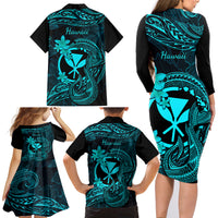 Hawaii Family Matching Long Sleeve Bodycon Dress and Hawaiian Shirt Fish Hook Tattoo Mix Polynesian Plumeria Turquoise Version - Wonder Print Shop