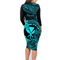 Hawaii Family Matching Long Sleeve Bodycon Dress and Hawaiian Shirt Fish Hook Tattoo Mix Polynesian Plumeria Turquoise Version - Wonder Print Shop