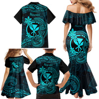 Hawaii Family Matching Mermaid Dress and Hawaiian Shirt Fish Hook Tattoo Mix Polynesian Plumeria Turquoise Version - Wonder Print Shop